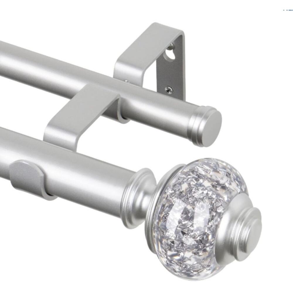 USFOOK 1 Inch Double Curtain Rod Set Silver Drapery Rods with Crystal Finials